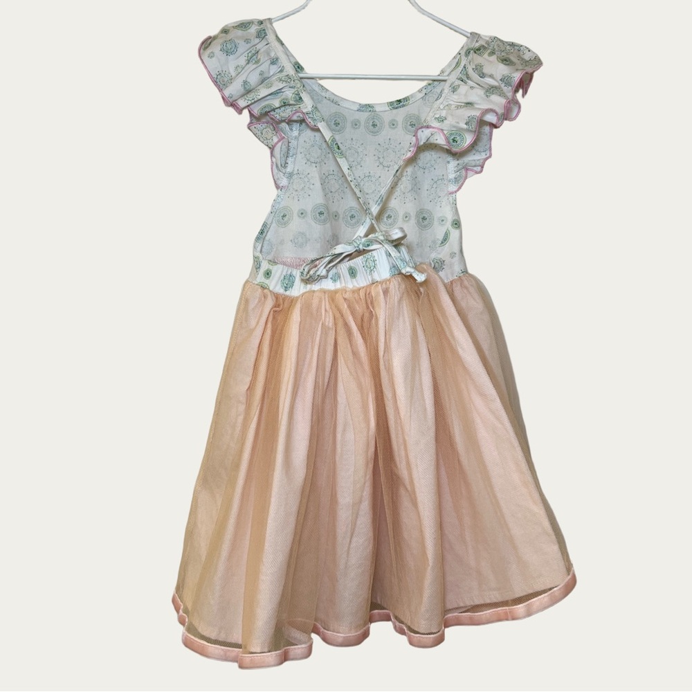SweetHoney Peach and Green Tulle Skirt Patterned Dress Girl’s 5T - Picture 2 of 16